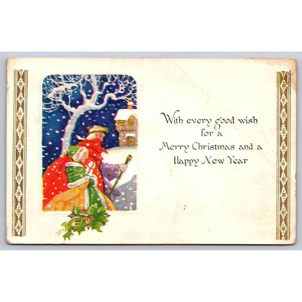 Vintage Christmas Postcard Winter Holiday Greeting Snow Scene Embossed Colonial